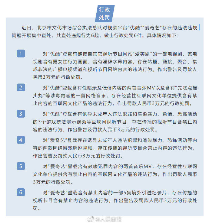 优酷、爱奇艺违法违规被罚