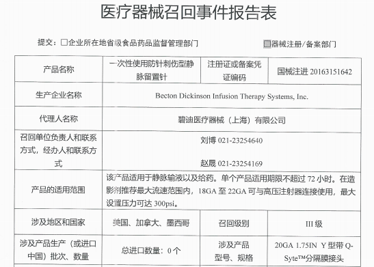 碧迪医疗召回静脉留置针 可能存在“钝针”情况