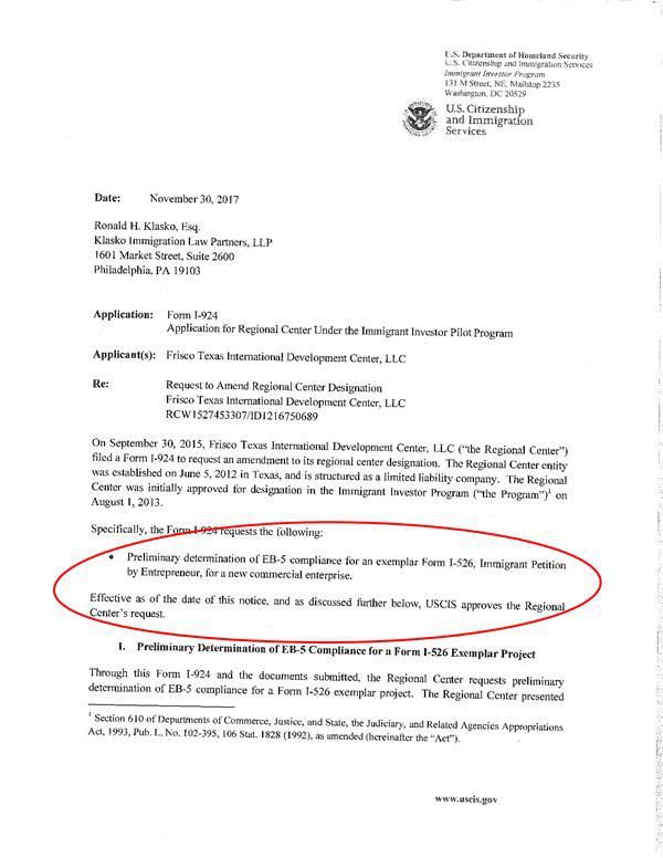 世贸通美国投资移民EB-5钻石项目获I-526样本批准