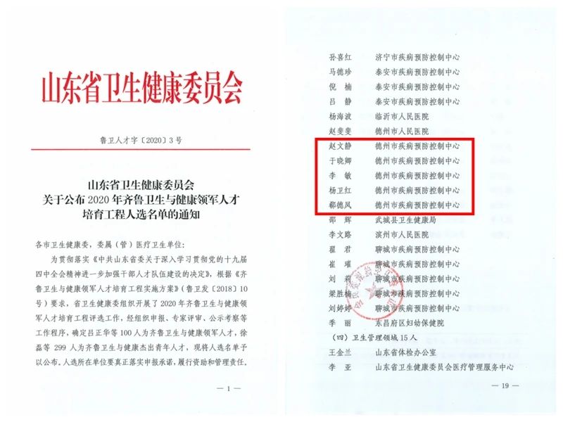 再获第一！德州市疾控中心5人入选“2020年齐鲁卫生与健康领军人才培育工程”