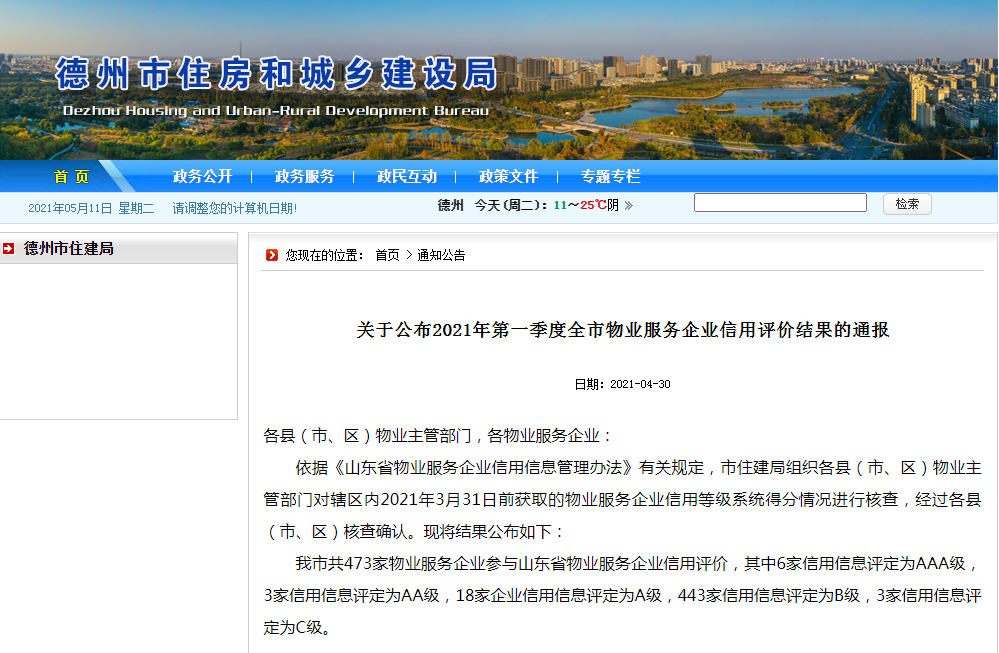 德州473家物业信用评价结果公布！快看你家物业是几级？