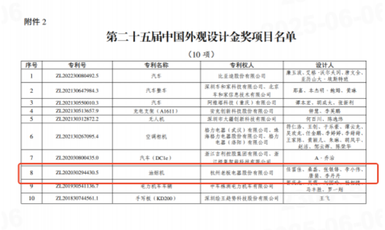 老板电器再获中国外观设计金奖，开创油烟机新形态